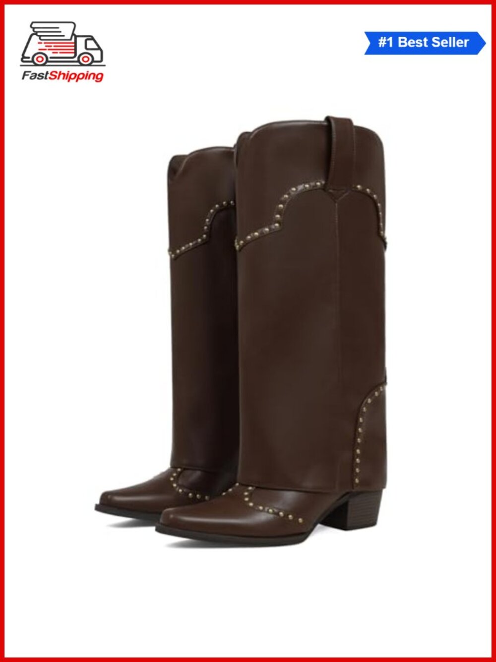 Women's Knee-High Fold Over Boots Chunky Heel Snip Toe Studded Western